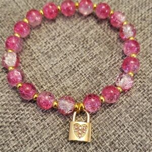 Pink and Gold Beaded Bracelet with Heart Lock Charm